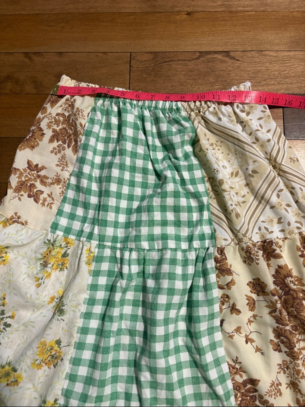 Boho Patchwork Floral Skirt in Green and Cream made with Vintage Cotton Sheets - Picture 3 of 4